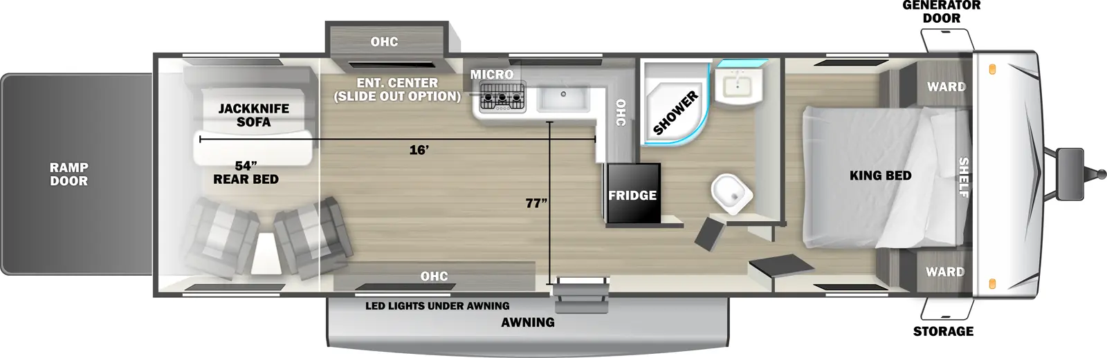 The Stealth 2630SLE is a toy hauler that has one entry and one slide out. Exterior features include: fiberglass exterior and  awning. Interiors features include: front bedroom.